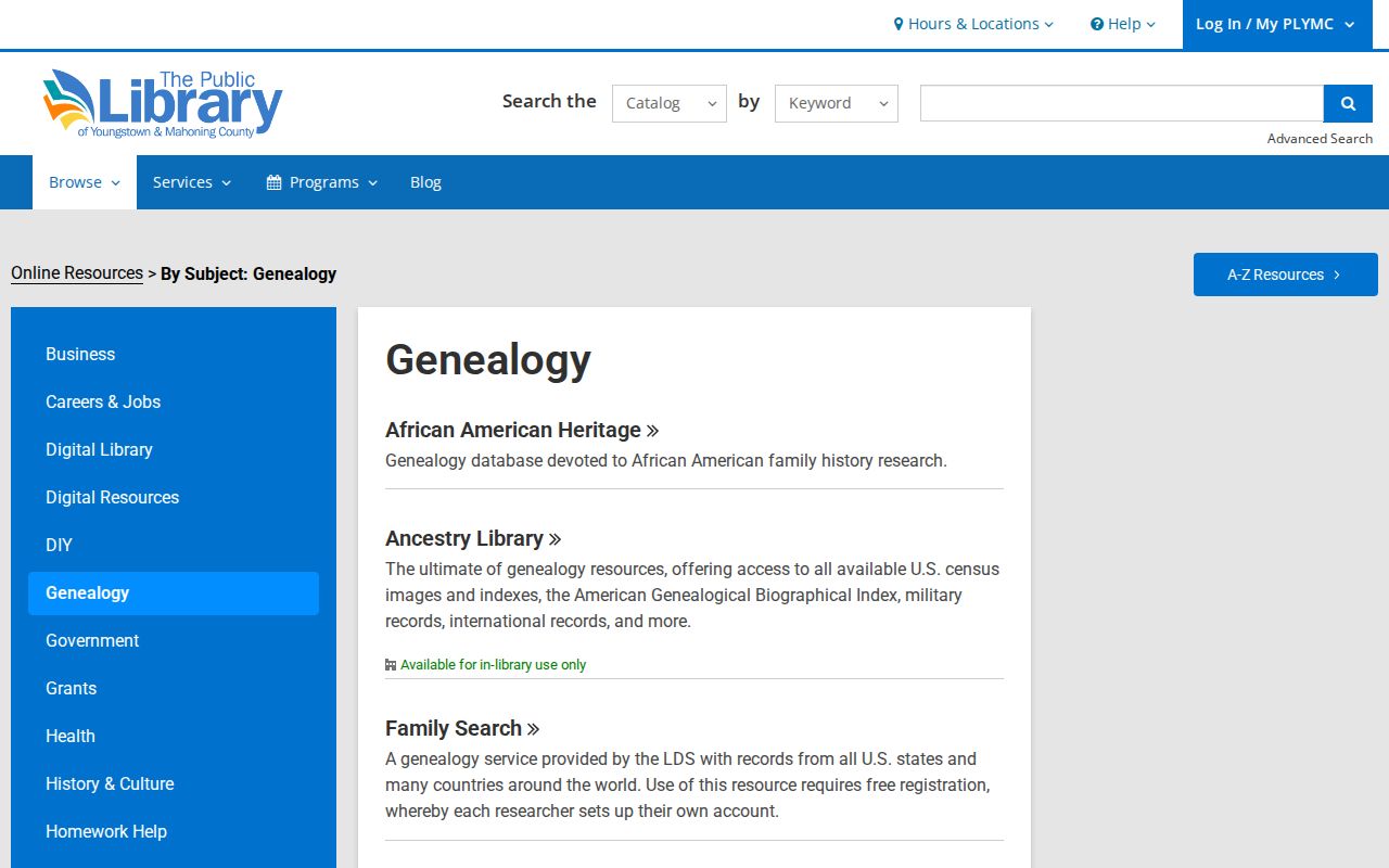 Youngstown residents directory Public Library genealogy resources