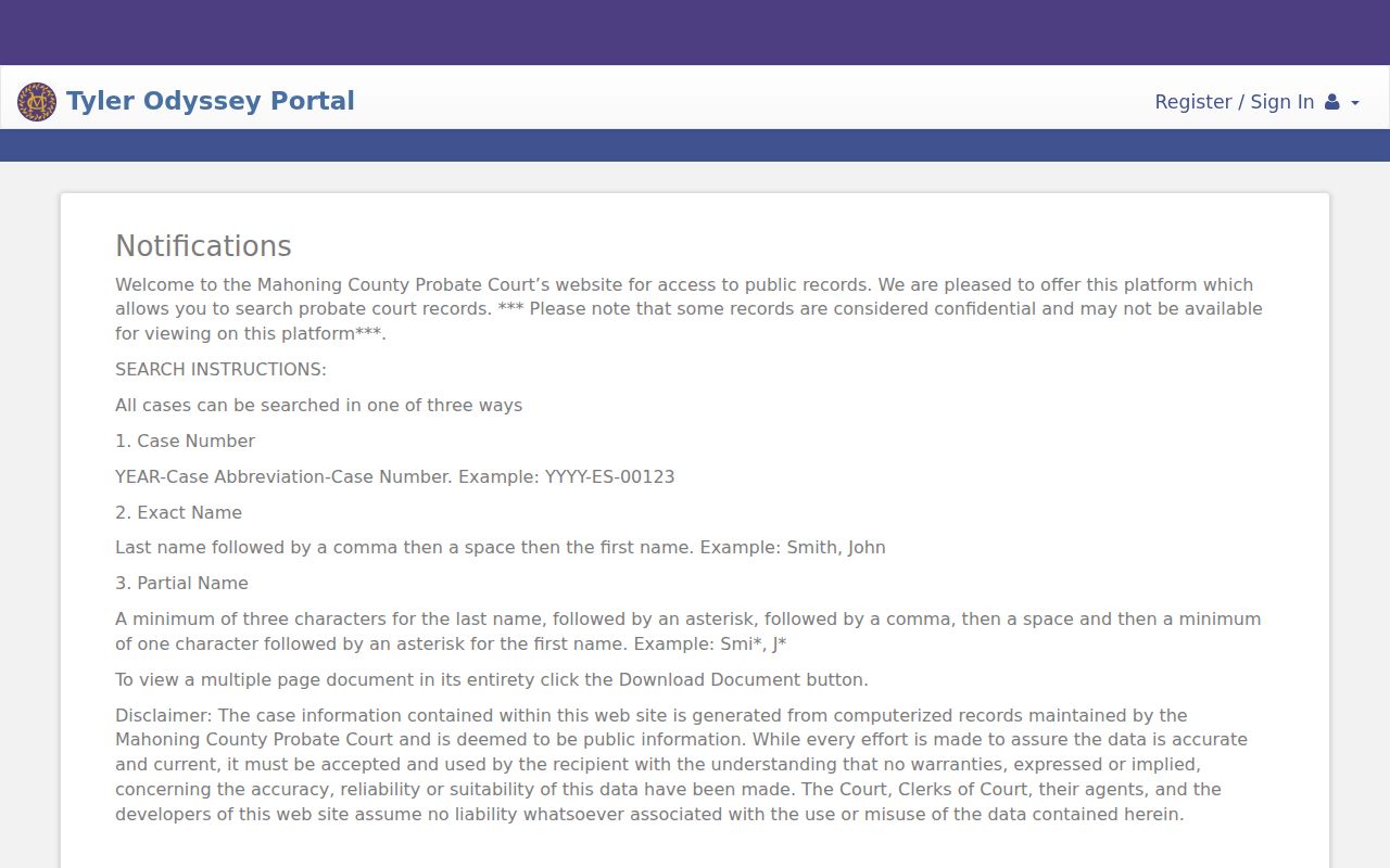 Youngstown residents directory Mahoning Probate Court portal