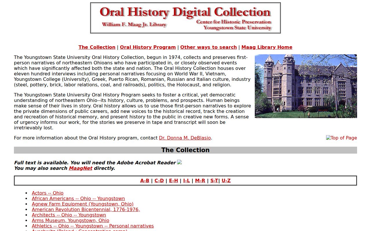 Youngstown previous residents YSU Oral History Collection