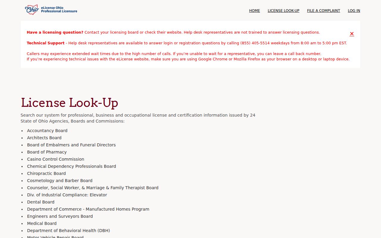 Youngstown resident lookup Ohio eLicense verification screen